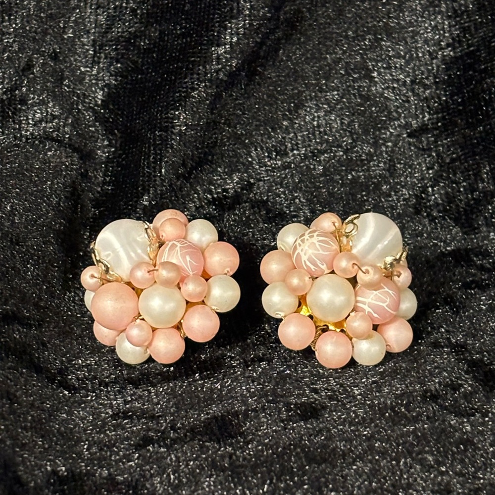 Vintage made in Japan Elegant Pink and White Cluster Earrings
